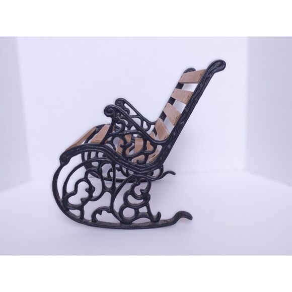 Vintage Cast Iron and Wood 10" Miniature Rocking Doll / Teddy Bear Bench - Picture 4 of 16